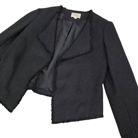 Ann Taylor LOFT Tweed Soft Fringe Detail Trim Black Draped Blazer Women's 6 - Picture 2 of 6